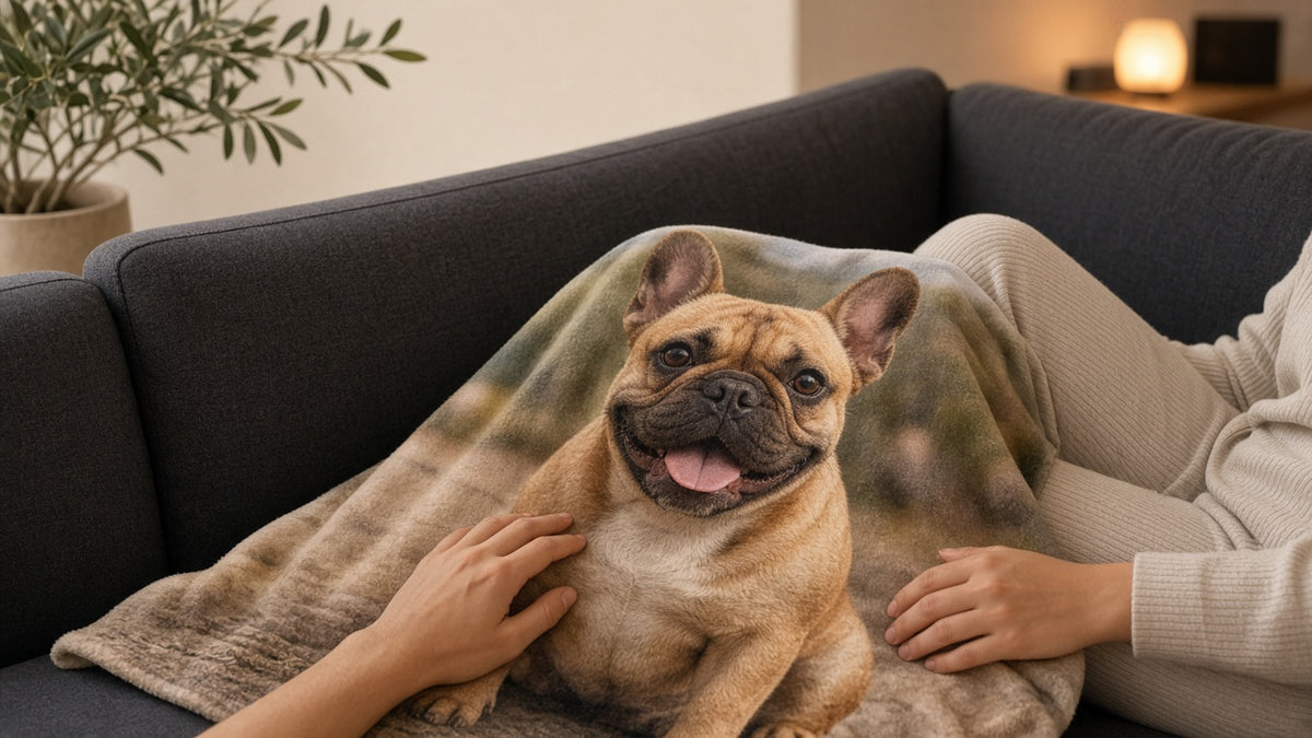 French bulldog pet-photo flannel lap lifestyle